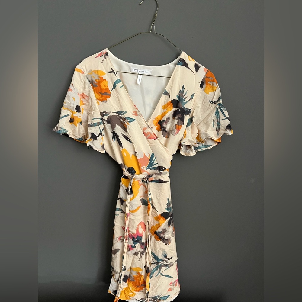 BCBGeneration Cream and Orange Floral Midi Dress